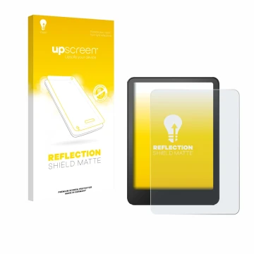 Parte frontal de un envase de producto con el logotipo de la marca upscreen. Al lado se muestra el dispositivo Amazon Kindle P