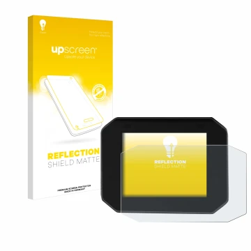 Parte frontal de un envase de producto con el logotipo de la marca upscreen. Al lado se muestra el dispositivo Moto Guzzi Stel