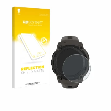 Parte frontal de un envase de producto con el logotipo de la marca upscreen. Al lado se muestra el dispositivo Garmin Instinct