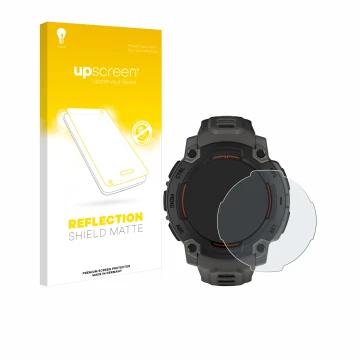 Parte frontal de un envase de producto con el logotipo de la marca upscreen. Al lado se muestra el dispositivo Garmin Instinct