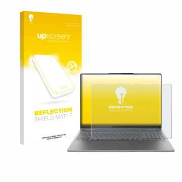 Parte frontal de un envase de producto con el logotipo de la marca upscreen. Al lado se muestra el dispositivo Lenovo Yoga 7 2