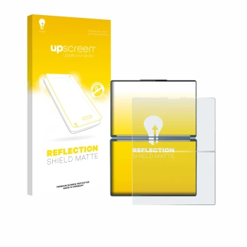 Parte frontal de un envase de producto con el logotipo de la marca upscreen. Al lado se muestra el dispositivo Lenovo Yoga Boo