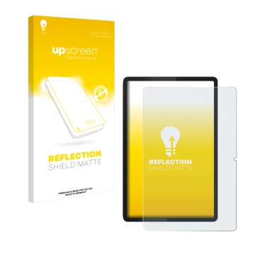 Parte frontal de un envase de producto con el logotipo de la marca upscreen. Al lado se muestra el dispositivo Lenovo Tab 2025