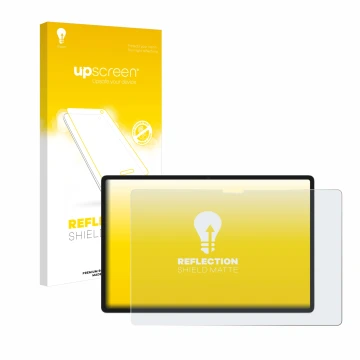 Parte frontal de un envase de producto con el logotipo de la marca upscreen. Al lado se muestra el dispositivo Lenovo Yoga Tab