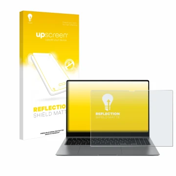 Parte frontal de un envase de producto con el logotipo de la marca upscreen. Al lado se muestra el dispositivo Samsung Galaxy 