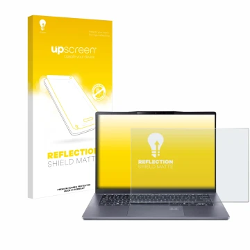 Parte frontal de un envase de producto con el logotipo de la marca upscreen. Al lado se muestra el dispositivo Acer Swift Go 1