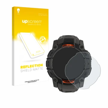 Parte frontal de un envase de producto con el logotipo de la marca upscreen. Al lado se muestra el dispositivo Garmin Instinct