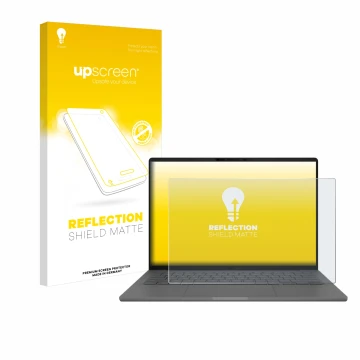 Parte frontal de un envase de producto con el logotipo de la marca upscreen. Al lado se muestra el dispositivo ASUS ZenBook A1