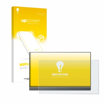 Parte frontal de un envase de producto con el logotipo de la marca upscreen. Al lado se muestra el dispositivo Arzopa Z1FC 16.
