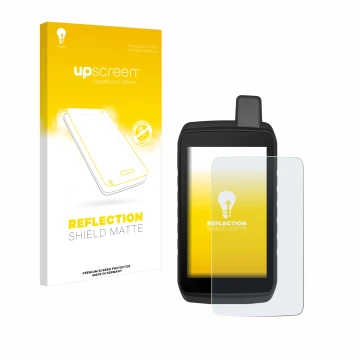 Parte frontal de un envase de producto con el logotipo de la marca upscreen. Al lado se muestra el dispositivo Garmin Montana 