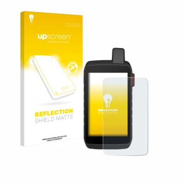 Parte frontal de un envase de producto con el logotipo de la marca upscreen. Al lado se muestra el dispositivo Garmin Montana 