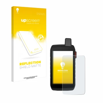 Parte frontal de un envase de producto con el logotipo de la marca upscreen. Al lado se muestra el dispositivo Garmin Montana 