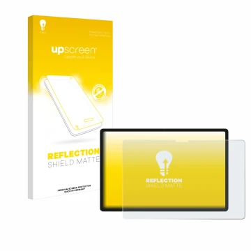 Parte frontal de un envase de producto con el logotipo de la marca upscreen. Al lado se muestra el dispositivo Lenovo Yoga Tab