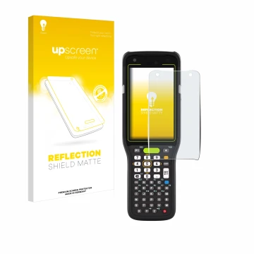 Parte frontal de un envase de producto con el logotipo de la marca upscreen. Al lado se muestra el dispositivo Zebra MC3400 co