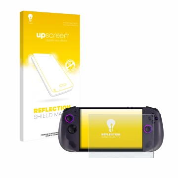 Parte frontal de un envase de producto con el logotipo de la marca upscreen. Al lado se muestra el dispositivo Lenovo Legion G