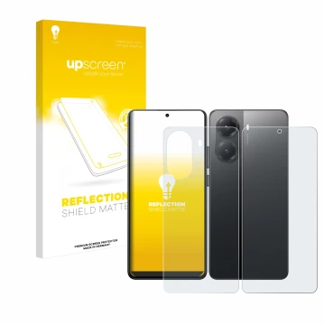 Parte frontal de un envase de producto con el logotipo de la marca upscreen. Al lado se muestra el dispositivo Xiaomi Poco X7 