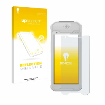 Parte frontal de un envase de producto con el logotipo de la marca upscreen. Al lado se muestra el dispositivo Dojo Pocket con