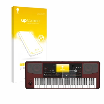 Parte frontal de un envase de producto con el logotipo de la marca upscreen. Al lado se muestra el dispositivo KORG Pa700 con 