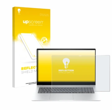 Parte frontal de un envase de producto con el logotipo de la marca upscreen. Al lado se muestra el dispositivo HP Envy 17-da07