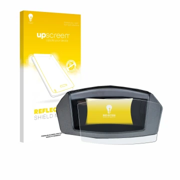 Parte frontal de un envase de producto con el logotipo de la marca upscreen. Al lado se muestra el dispositivo Yamaha NMAX 125