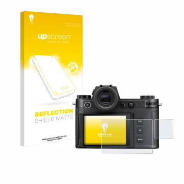 Parte frontal de un envase de producto con el logotipo de la marca upscreen. Al lado se muestra el dispositivo Leica SL3-S (Pa