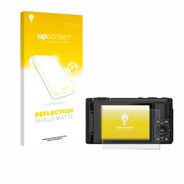 Parte frontal de un envase de producto con el logotipo de la marca upscreen. Al lado se muestra el dispositivo Yashica City 20