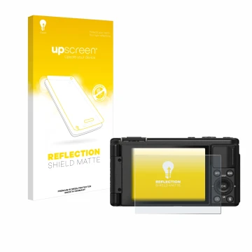 Parte frontal de un envase de producto con el logotipo de la marca upscreen. Al lado se muestra el dispositivo Yashica City 10