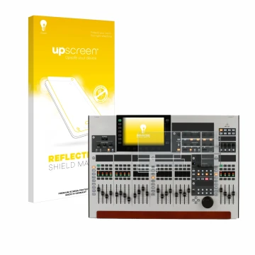 Parte frontal de un envase de producto con el logotipo de la marca upscreen. Al lado se muestra el dispositivo Behringer Wing 