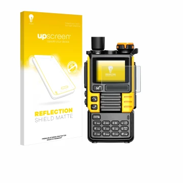 Parte frontal de un envase de producto con el logotipo de la marca upscreen. Al lado se muestra el dispositivo Quansheng UV-K5