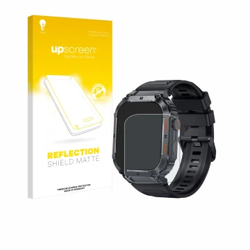 Parte frontal de un envase de producto con el logotipo de la marca upscreen. Al lado se muestra el dispositivo bedee Smartwatc