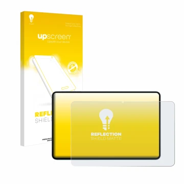 Parte frontal de un envase de producto con el logotipo de la marca upscreen. Al lado se muestra el dispositivo Teclast T60 Plu