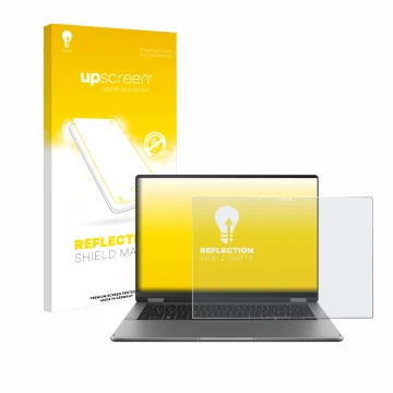 Parte frontal de un envase de producto con el logotipo de la marca upscreen. Al lado se muestra el dispositivo ASUS Vivobook 1