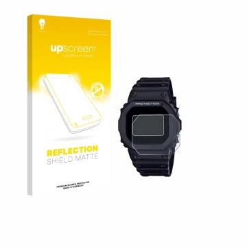 Parte frontal de un envase de producto con el logotipo de la marca upscreen. Al lado se muestra el dispositivo Casio G-Shock D