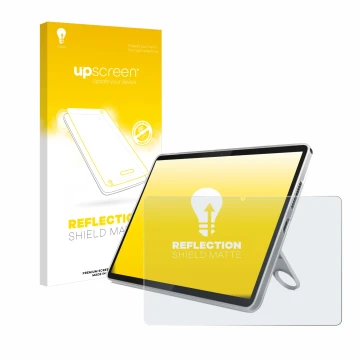 Parte frontal de un envase de producto con el logotipo de la marca upscreen. Al lado se muestra el dispositivo Lenovo Tab 10.1