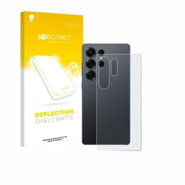 Parte frontal de un envase de producto con el logotipo de la marca upscreen. Al lado se muestra el dispositivo Samsung Galaxy 