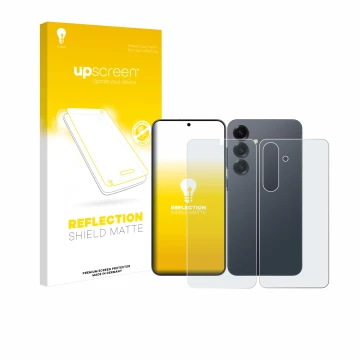 Parte frontal de un envase de producto con el logotipo de la marca upscreen. Al lado se muestra el dispositivo Samsung Galaxy 