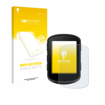 Parte frontal de un envase de producto con el logotipo de la marca upscreen. Al lado se muestra el dispositivo Garmin Edge 540