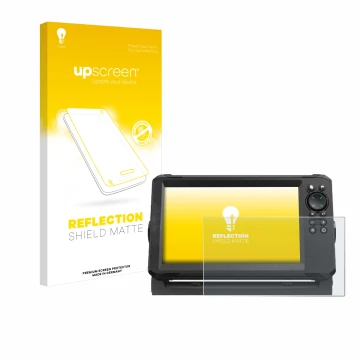 Parte frontal de un envase de producto con el logotipo de la marca upscreen. Al lado se muestra el dispositivo Lowrance Eagle 