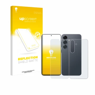 Parte frontal de un envase de producto con el logotipo de la marca upscreen. Al lado se muestra el dispositivo Samsung Galaxy 