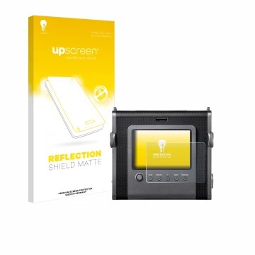 Parte frontal de un envase de producto con el logotipo de la marca upscreen. Al lado se muestra el dispositivo Fujifilm Instax
