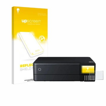 Parte frontal de un envase de producto con el logotipo de la marca upscreen. Al lado se muestra el dispositivo Epson EcoTank E