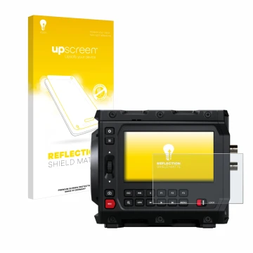 Parte frontal de un envase de producto con el logotipo de la marca upscreen. Al lado se muestra el dispositivo Blackmagic Desi