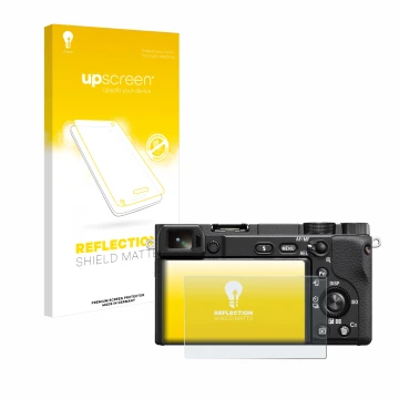 Parte frontal de un envase de producto con el logotipo de la marca upscreen. Al lado se muestra el dispositivo Sony Alpha 6400