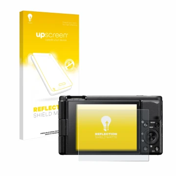 Parte frontal de un envase de producto con el logotipo de la marca upscreen. Al lado se muestra el dispositivo Sony ZV-1A con 