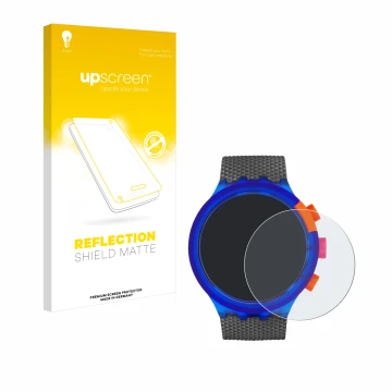 Parte frontal de un envase de producto con el logotipo de la marca upscreen. Al lado se muestra el dispositivo Swatch Neon Par