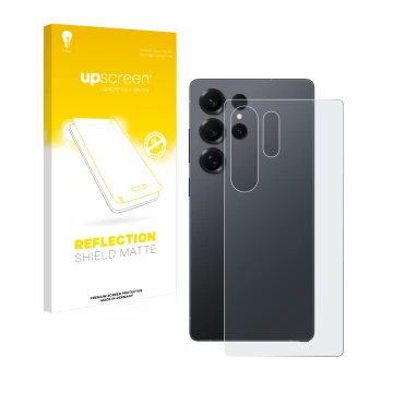 Parte frontal de un envase de producto con el logotipo de la marca upscreen. Al lado se muestra el dispositivo Samsung Galaxy 