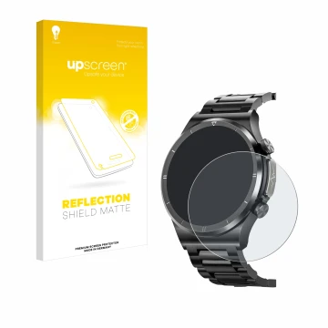 Parte frontal de un envase de producto con el logotipo de la marca upscreen. Al lado se muestra el dispositivo Banlvs Smartwat