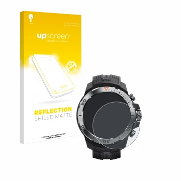 Parte frontal de un envase de producto con el logotipo de la marca upscreen. Al lado se muestra el dispositivo Xiaomi Mibro GS