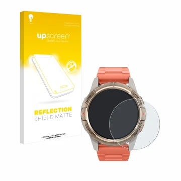 Parte frontal de un envase de producto con el logotipo de la marca upscreen. Al lado se muestra el dispositivo Xiaomi Mibro GS