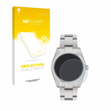 Parte frontal de un envase de producto con el logotipo de la marca upscreen. Al lado se muestra el dispositivo Rolex Oyster Pe